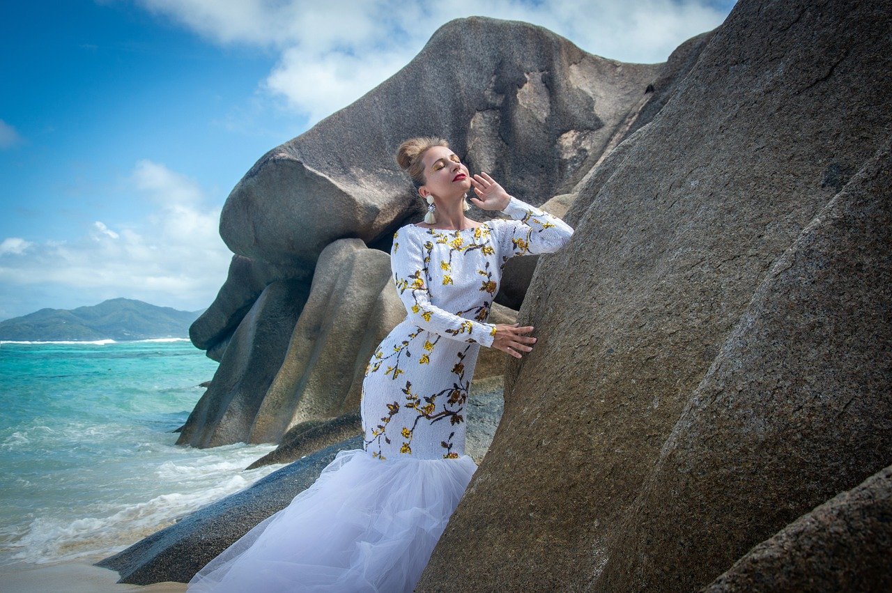 woman, beach, ocean, coast, dress, white, model, fashion, posing, rock formations, seychelles, la digue, anse source d'argent, trendy, wedding dress, nature, profession, wine, bathing