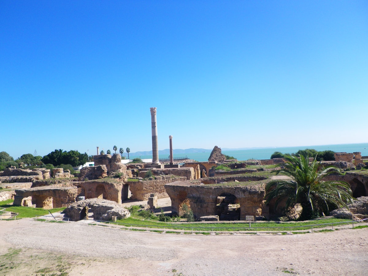 Ancient ruins with palm trees and the ocean