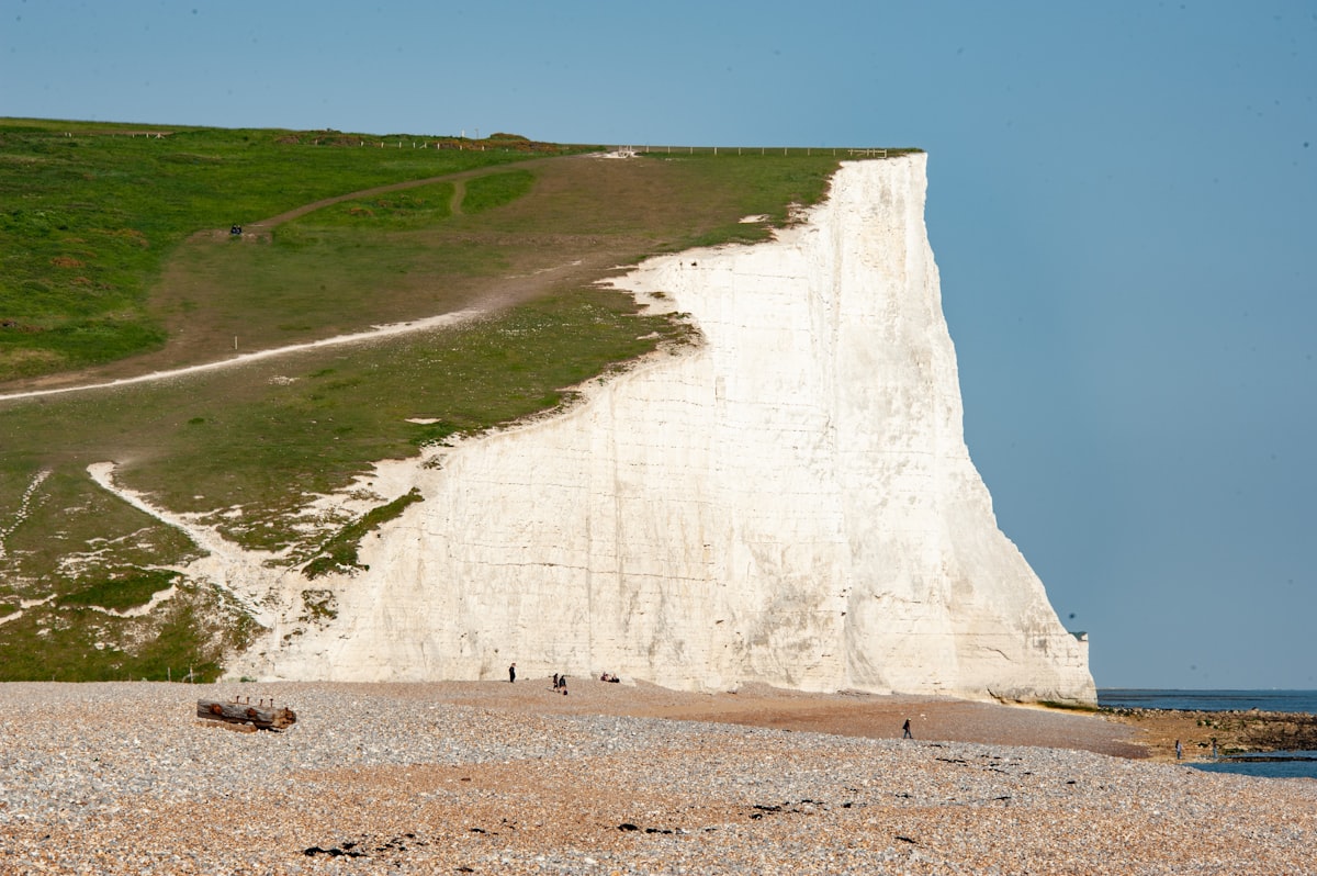 White cliffs meet the sea with green grass.