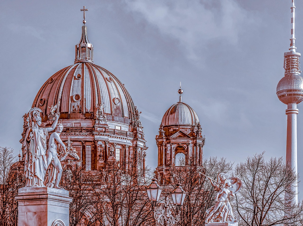 berlin cathedral, building, architecture, berlin, dom, church, dome, facade, trees, sculptures, nature, television tower, landmark, capital city, sightseeing, tourist attraction, heaven, clouds, germany