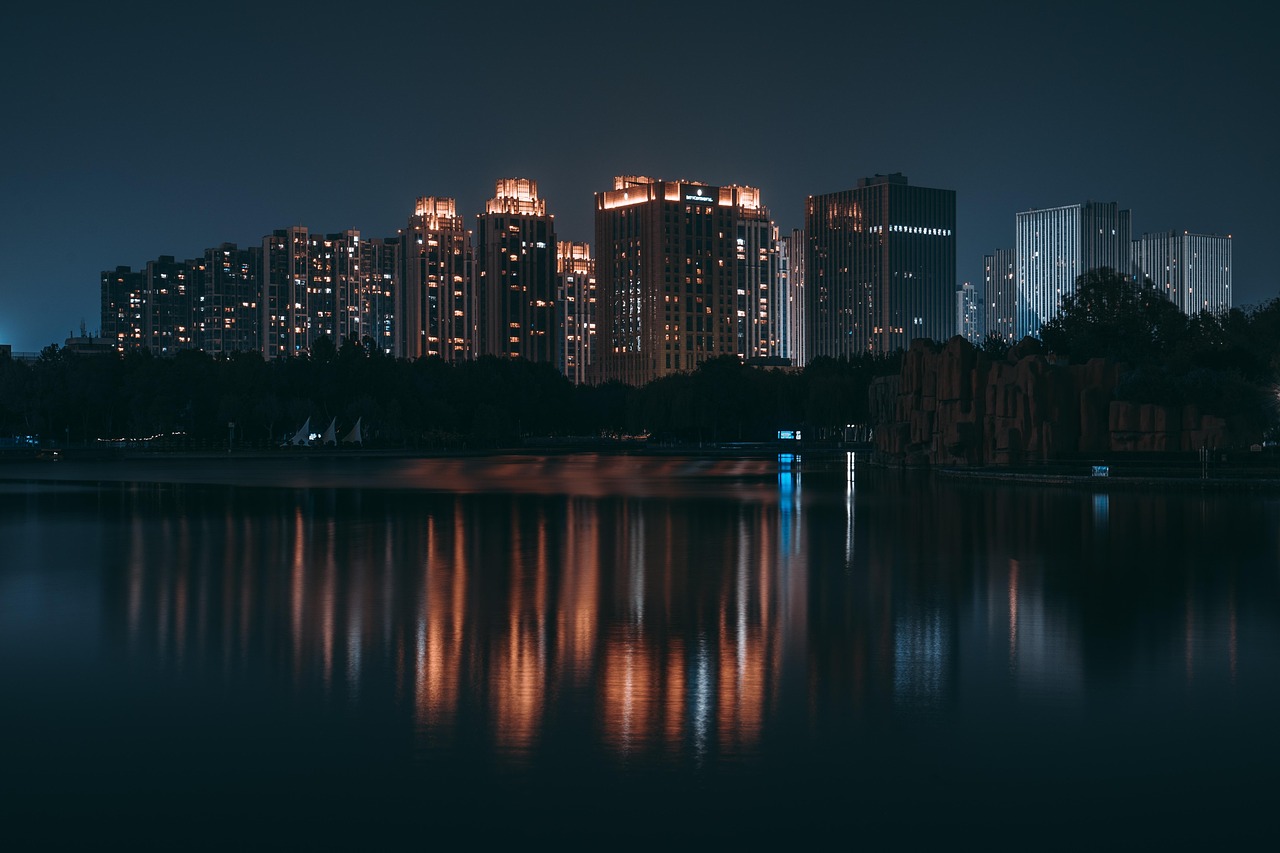 buildings, city, lake, city lights, skyline, cityscape, nature, urban, urban landscape, metro, water reflection, night photography, reflection