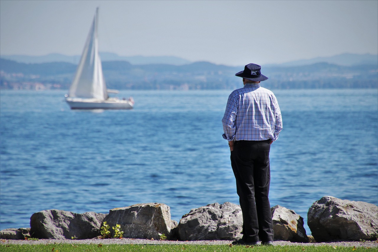 old man, harbor, lake constance, lake, sailboat, nature, elderly man, beach, bodensee, romanshorn, switzerland, outdoors, sunny