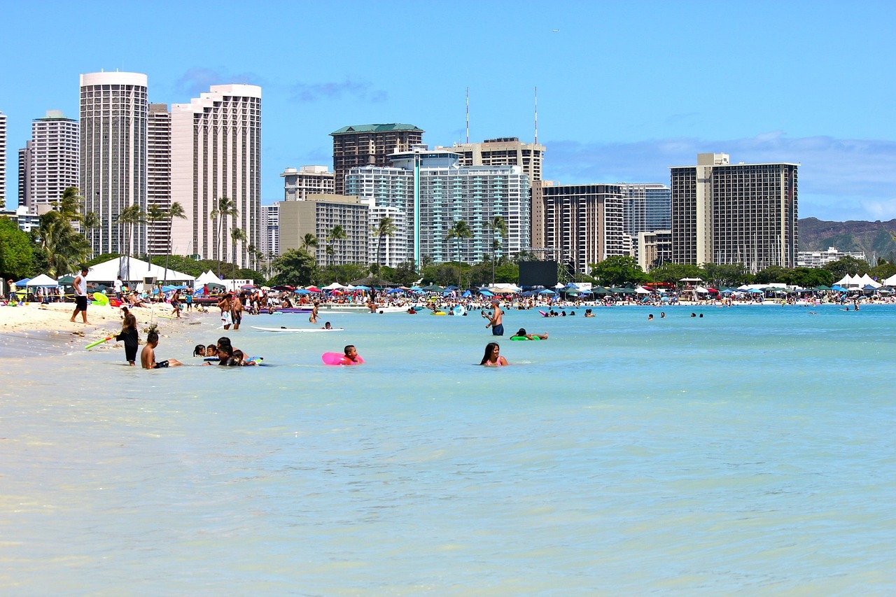 waikiki, sunny, beach, travel, hawaii, nature, oahu, honolulu, vacation, summer, ocean, water, people, island, tropical, sky, hawaii beach, tourism, tourist