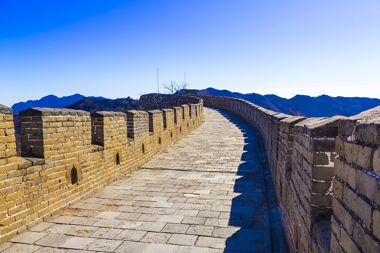 china, beijing, great wall, city wall, the scenery, wall, building, mountain, nature, mountain range, winter, blue sky