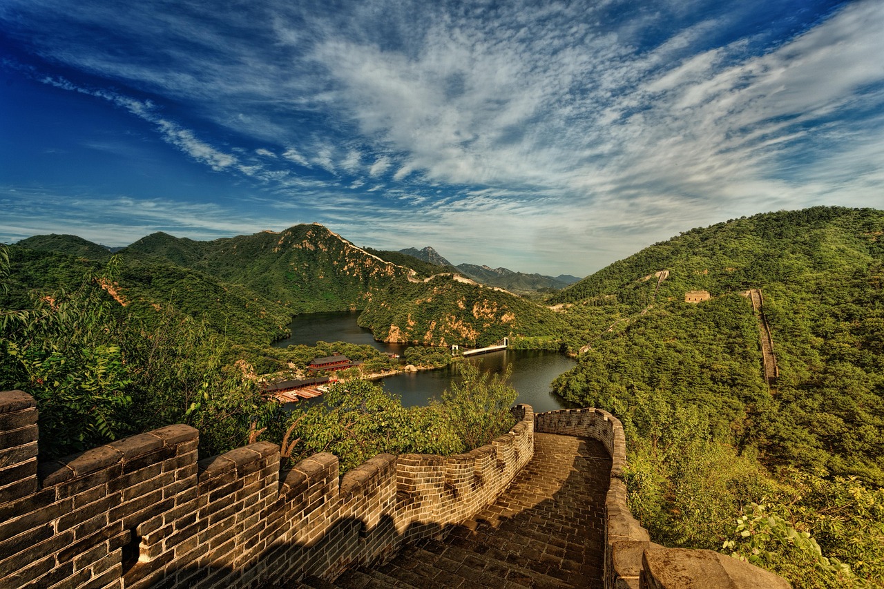 great wall, china, panorama, landmark, lake, water, landscape, attraction, mountain, building, summer, green, heaven, clouds, blue, historical, architecture, sightseeing, nature, masonry