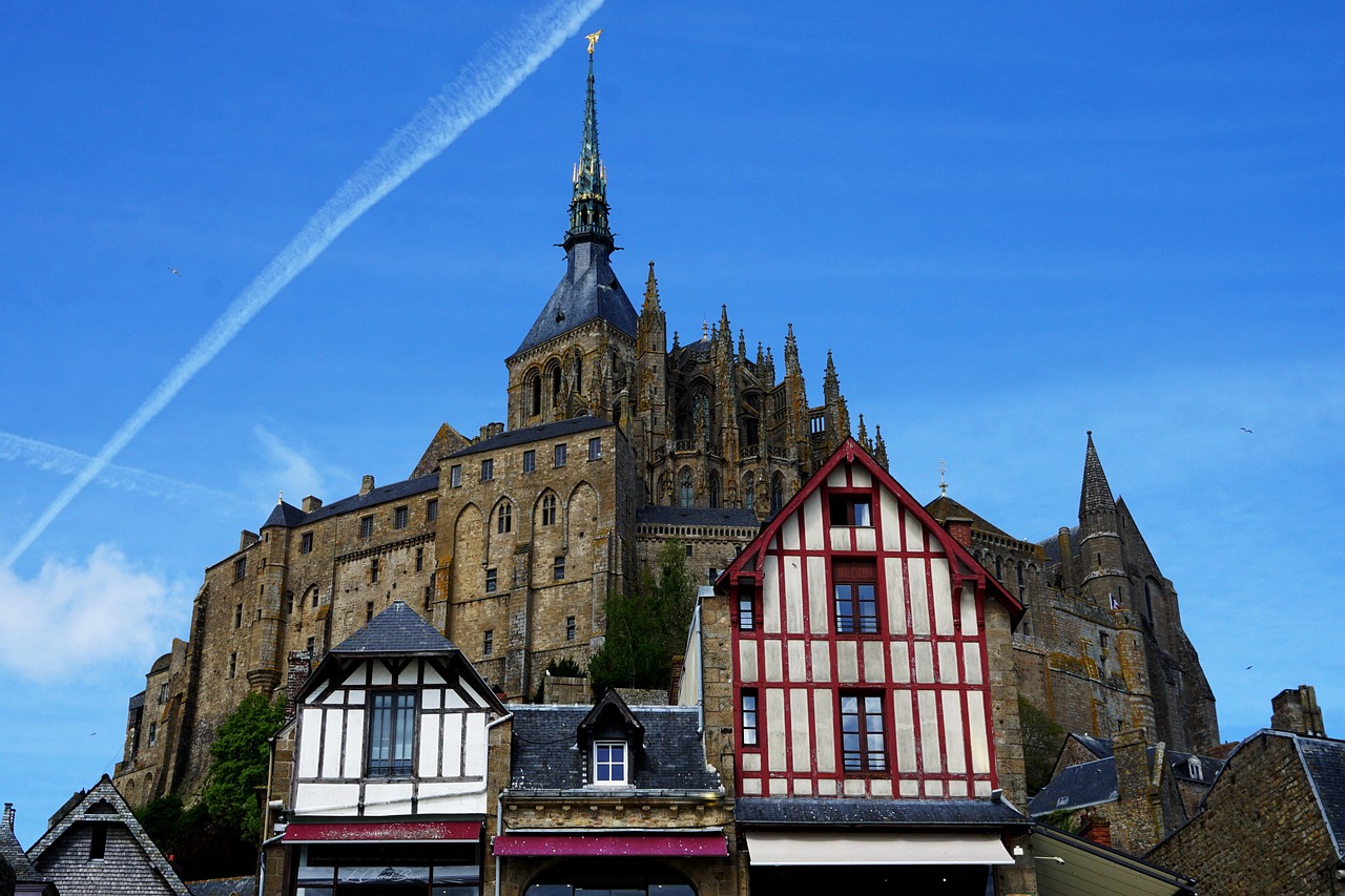 mont saint michel, house, nature, abey, normandy, old, sky