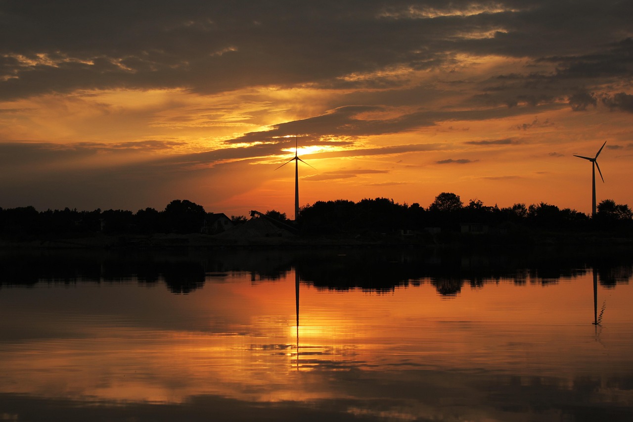 sunset, water, lake, reflection, clouds, trees, sun, nature, energy sources, landscape, wind turbine