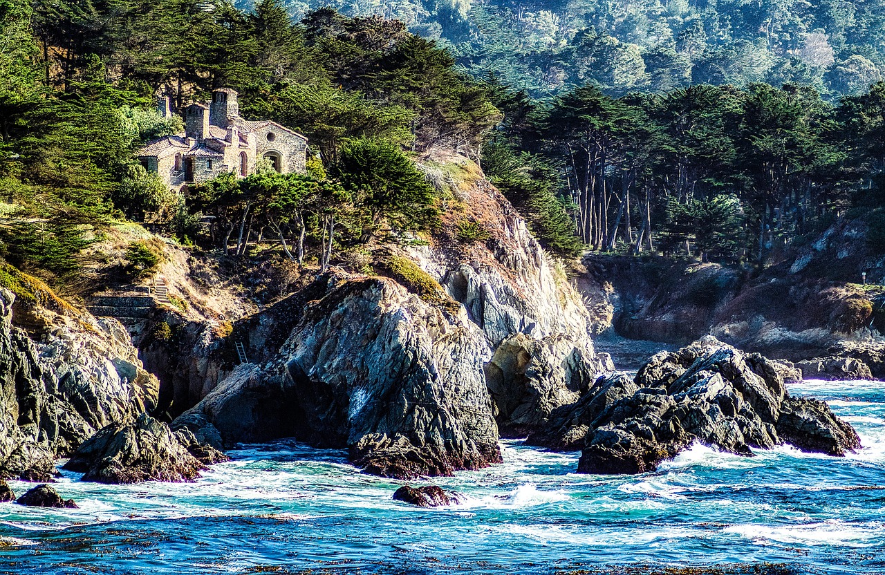 carmel, seaside, nature, island, cliff, ocean, sea, mansion, villa