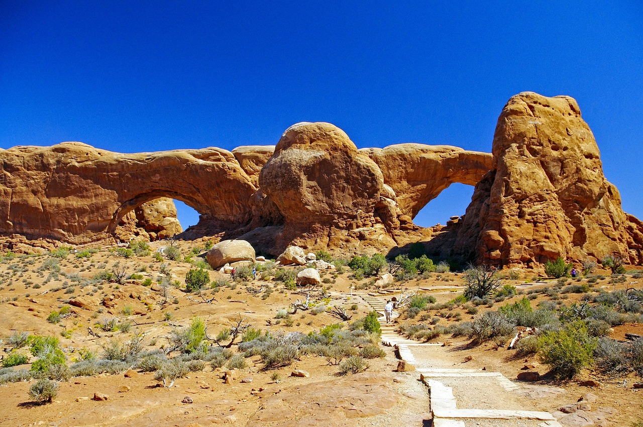 north and south window arches, arches, national, park, utah, scenic, stone, natural, rocky, nature, blue sky, fin, blue, sandstone, rocks, rock, arch, landscape, sky, brown window, brown park, brown rock