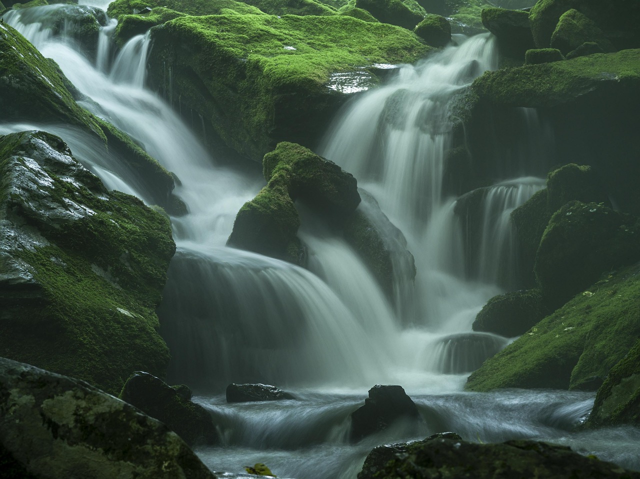 nature, spring, colorful, green, valley, river, pattern, landscape, moss waterfall