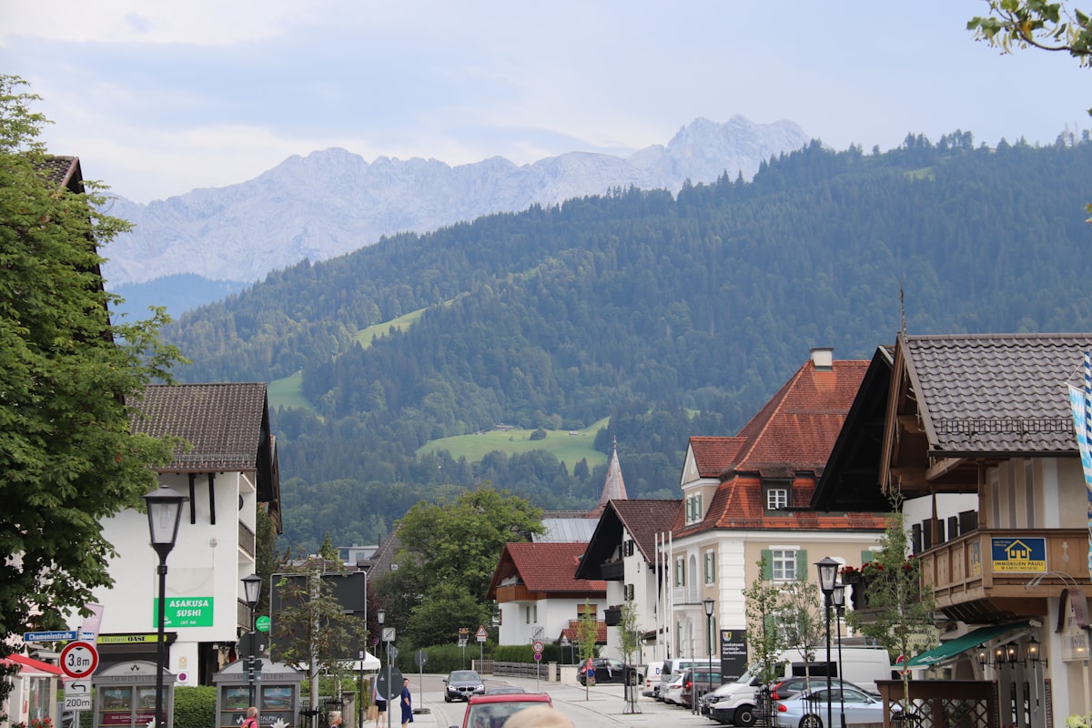 a town with mountains in the background