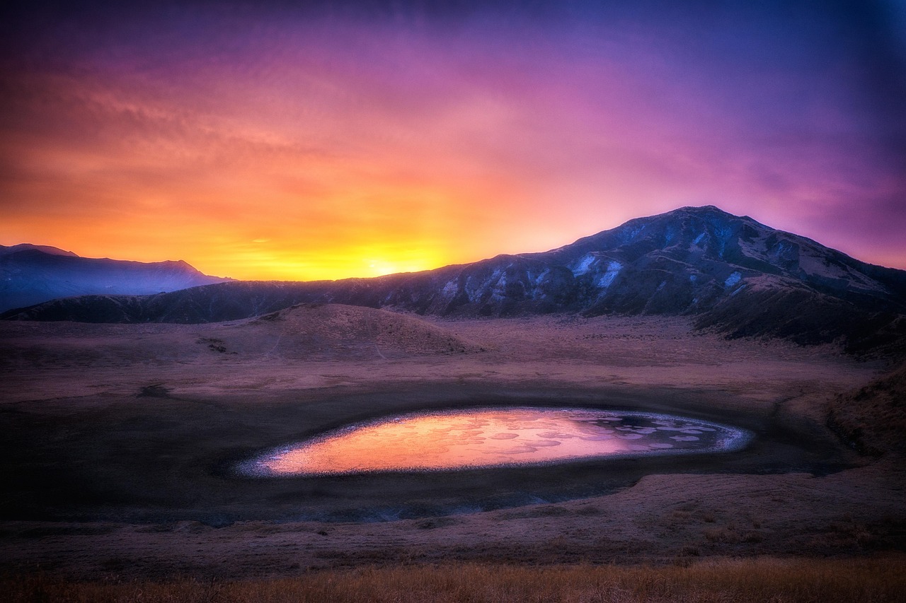 japan, nature, aso kumamoto sunrise, asahi, red, mountain, snow, lake, cloud