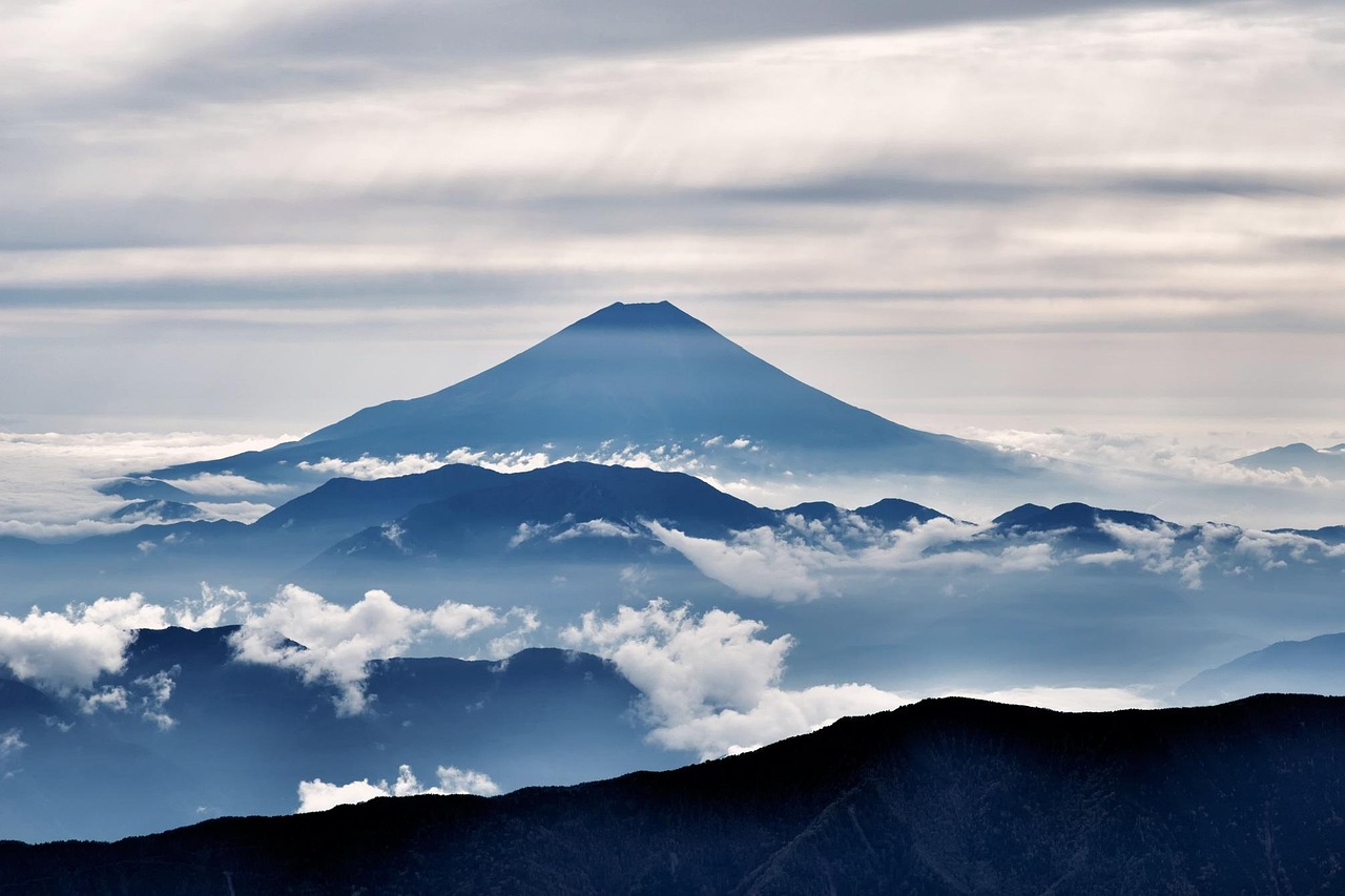 mt fuji, volcano, silhouettes, nature, clouds, mountains, landscape, japan, tourist attraction, places of interest, famous