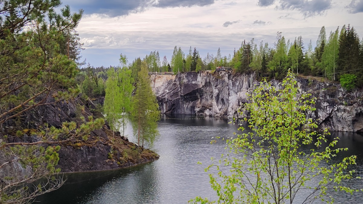 a body of water surrounded by trees and rocks
