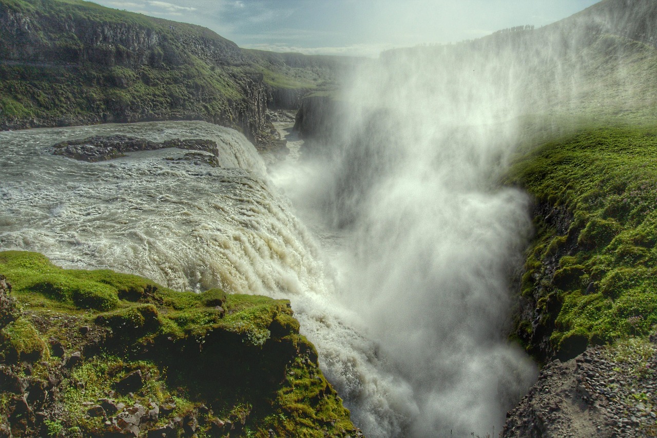gullfoss, waterfall, enormous, iceland, spray, fog, water, force of nature, high, height, travel, sightseeing, haze, drizzle, mysterious, dramatic, adventure, mood, flow, fall, depth, gigantic