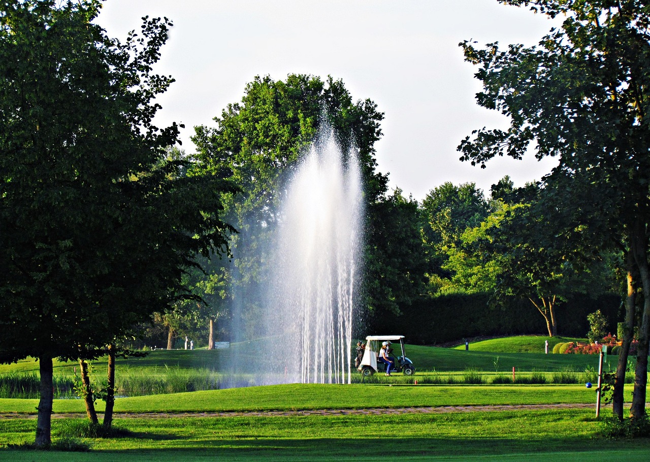 field, fountain, meadow, golf, game, entertainment, hole, golfers, golf course, golf club, sport