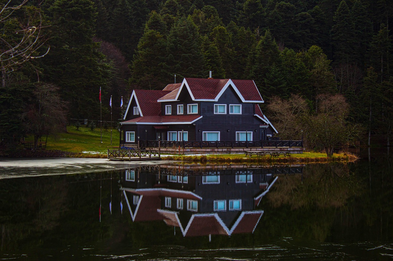 lake, house, forest, bolu, turkey, nature, trees, landscape, reflection, pond