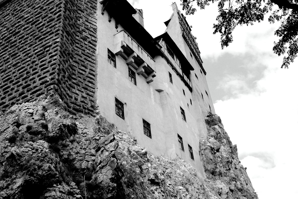 a black and white photo of a castle on a hill