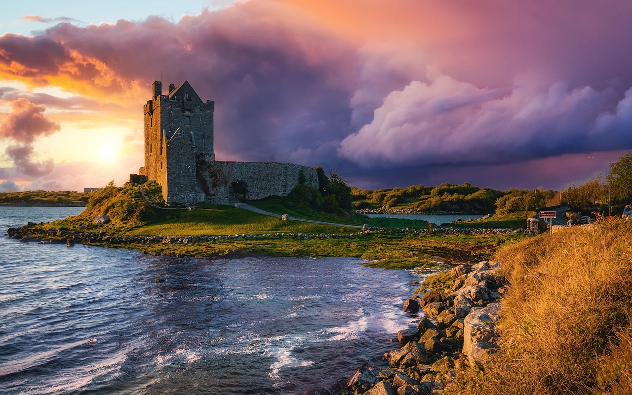 dunguaire castle, ireland, nature, sunset, kinvara, sea, castle, landmark, architecture, ancient castle, medieval castle, 16th-century castle
