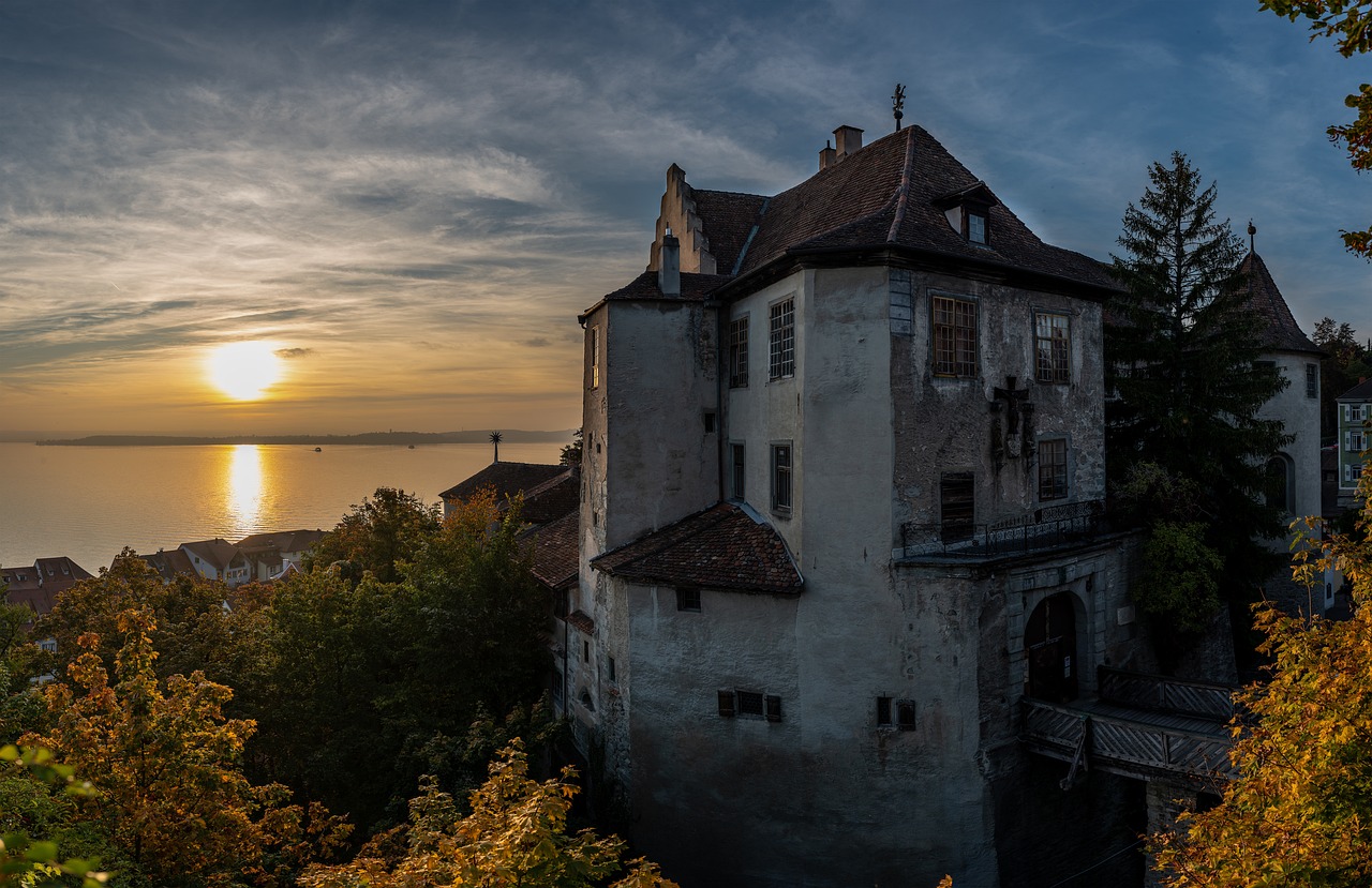 lake constance, meersburg castle, sunset, nature, castle, meersburg, medieval architecture, architecture
