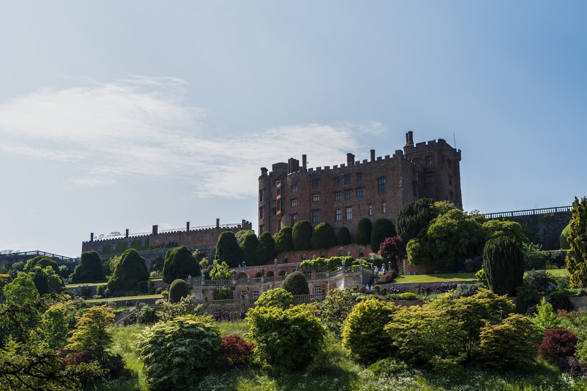 a large castle sitting on top of a lush green hillside