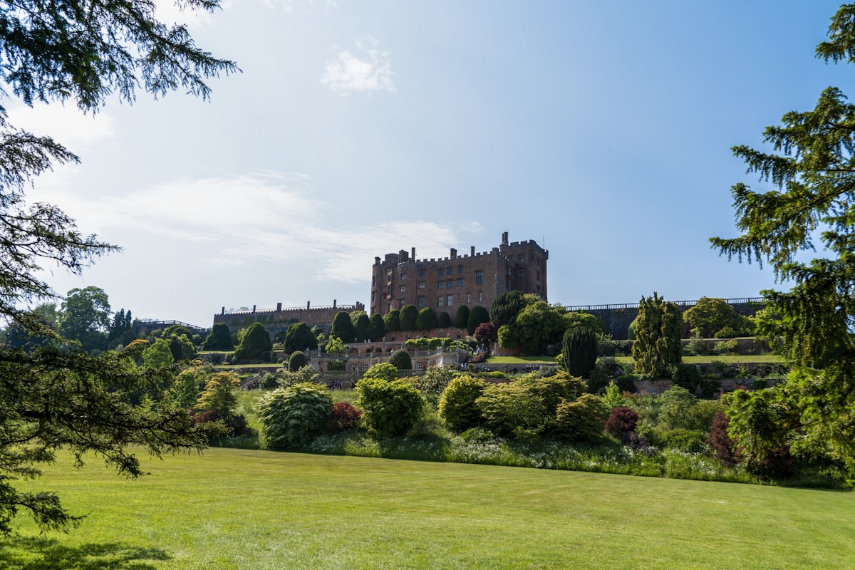 a large castle sitting on top of a lush green hillside