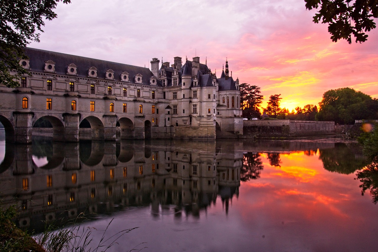 chateau de chenonceau, castle, sunset, france, architecture, historic, nature, tourism, river, twilight, dusk