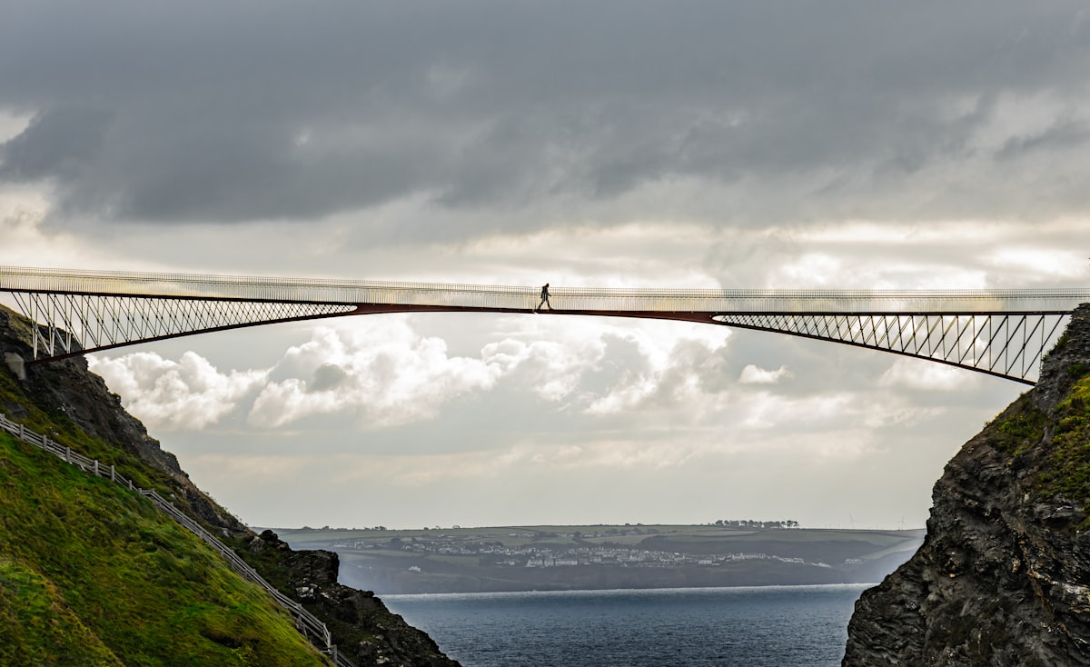 A suspension bridge over a body of water