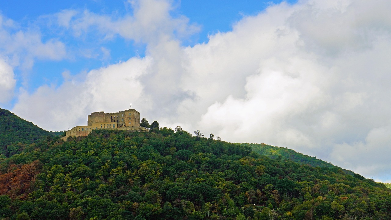 mountains, forest, hike, trees, building, hambach castle, palatinate, rhineland-palatinate, fall, october, landscape, architecture, palatinate forest, clouds, cloudy, walk, nature