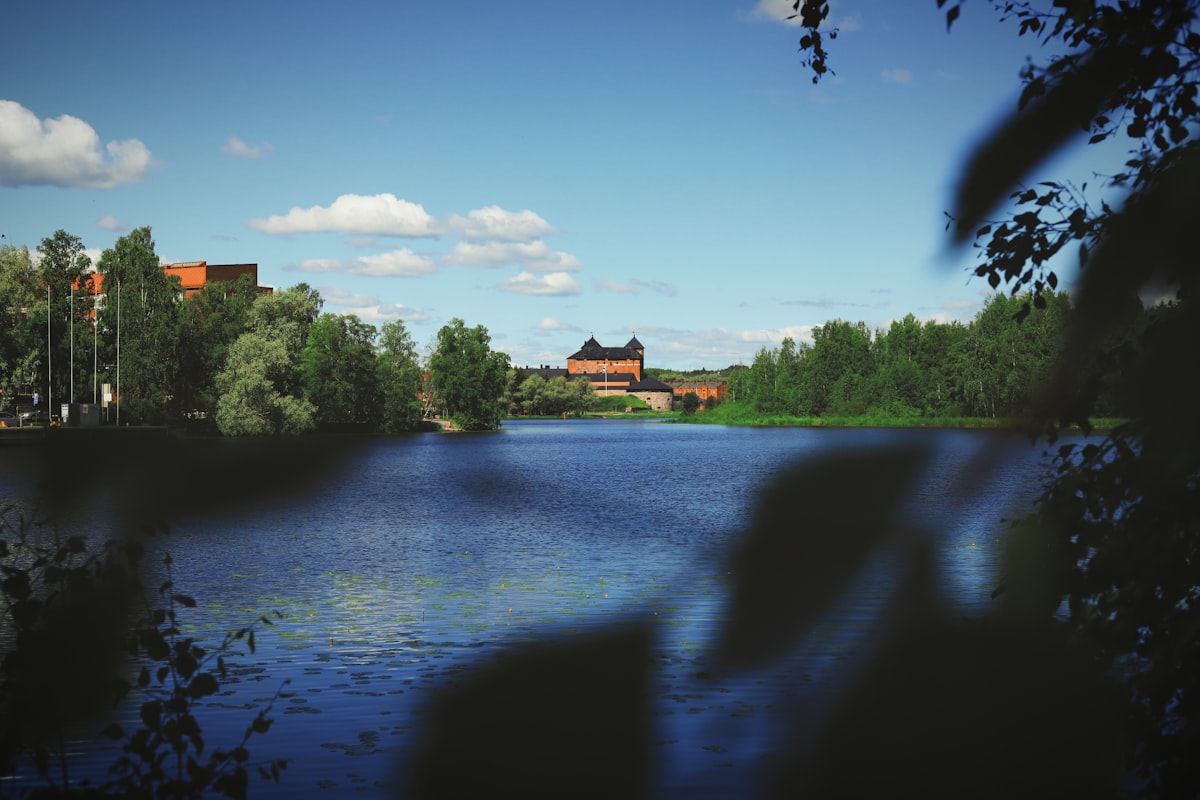 A body of water surrounded by trees and buildings