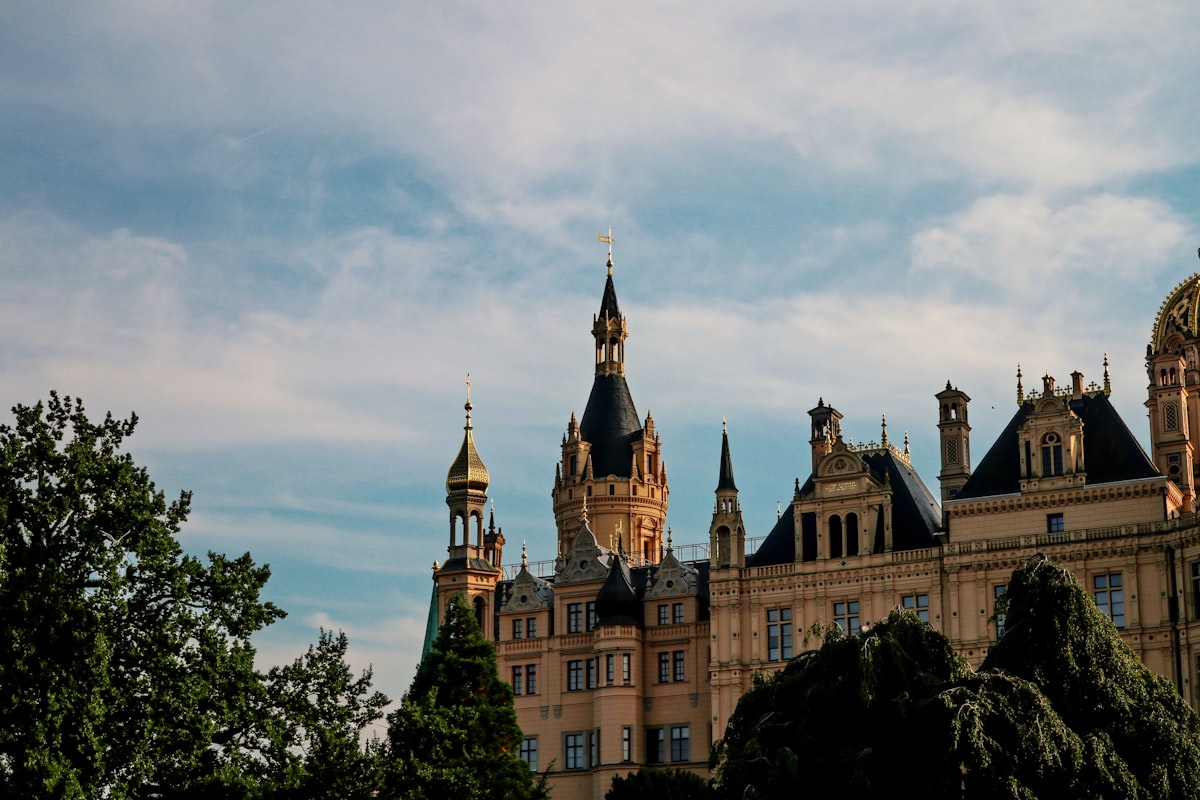 a large building with towers