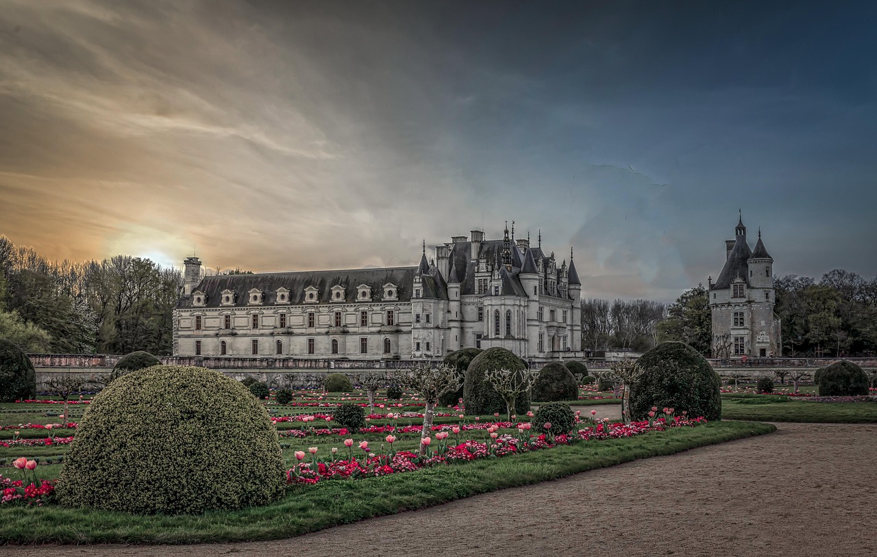 chenonceau, castle, architecture, landscape, france, the story, nature, chateau, sky, fancy, clouds