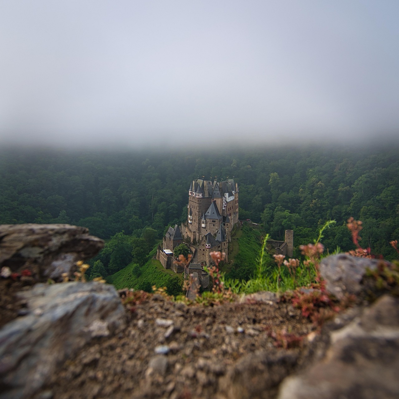 eltz castle, castle, germany, medieval castle, mountain, fog, nature, wierschem