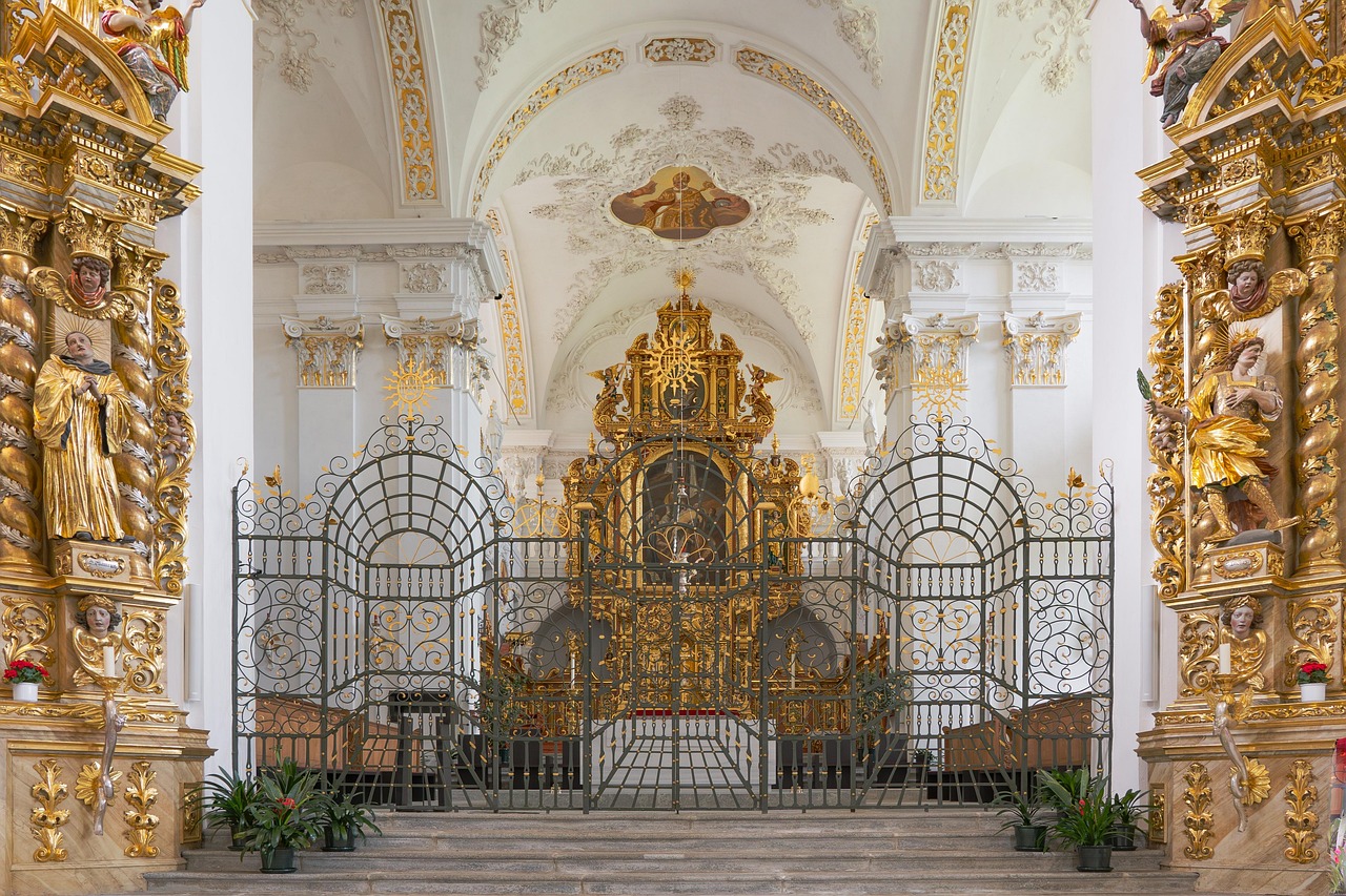 disentis abbey, church, church interior, altar, chapel, architecture, columns, monastery, switzerland