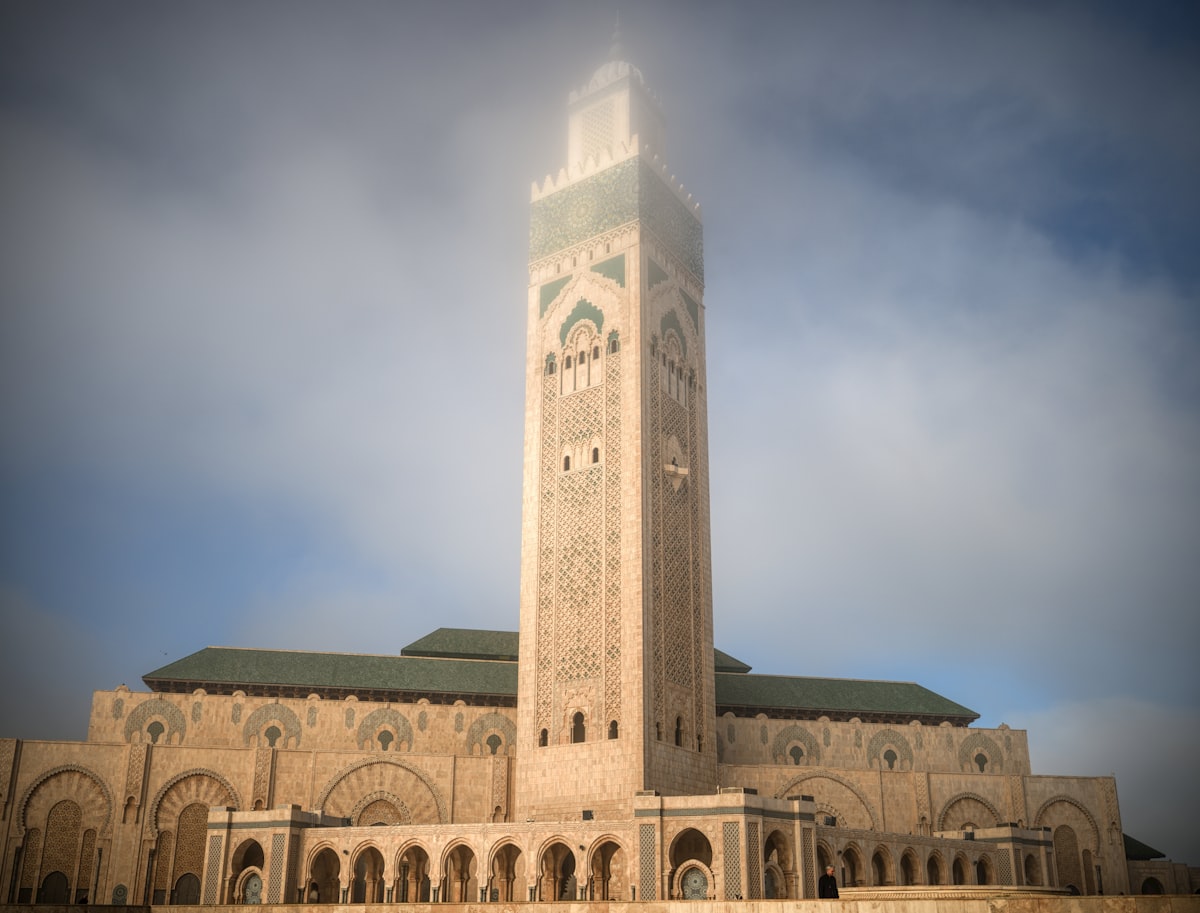 Hassan ii mosque in casablanca, morocco with fog