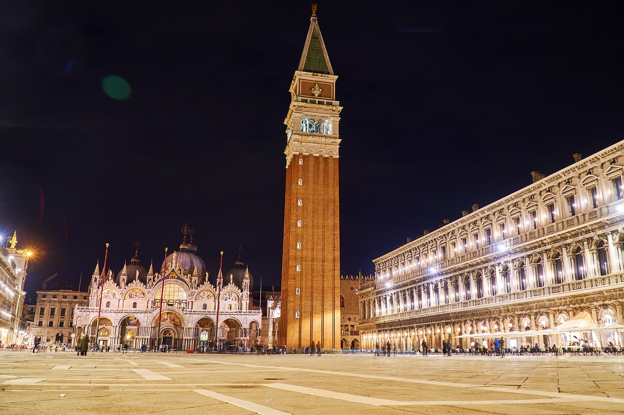 italy, venice, st mark's square, night, evening, st mark's basilica, bell tower, city square, tourist attraction