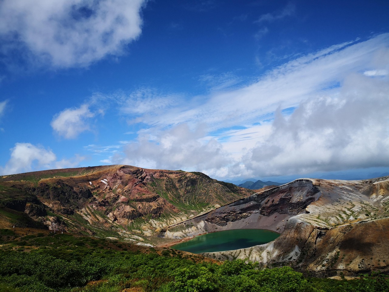 nature, crater, outdoors, travel, exploration, clouds, mt, zao, caldera lake, japan, miyagi, okama crater