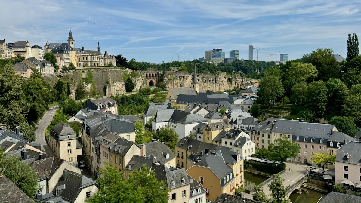 An aerial view of a city with a castle in the background