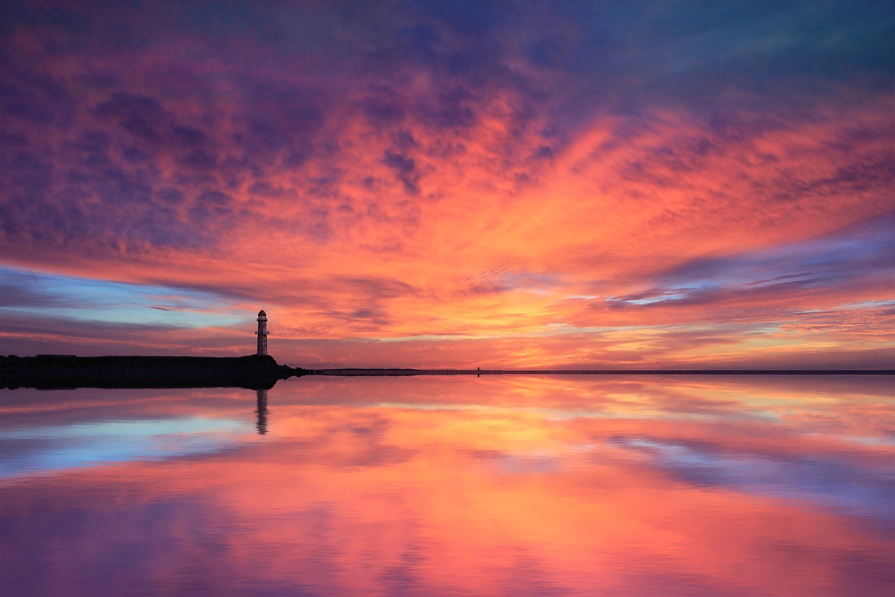 sea, lighthouse, sunset, water, reflection, nature, landscape, clouds, sky, sunlight, dusk, scenery