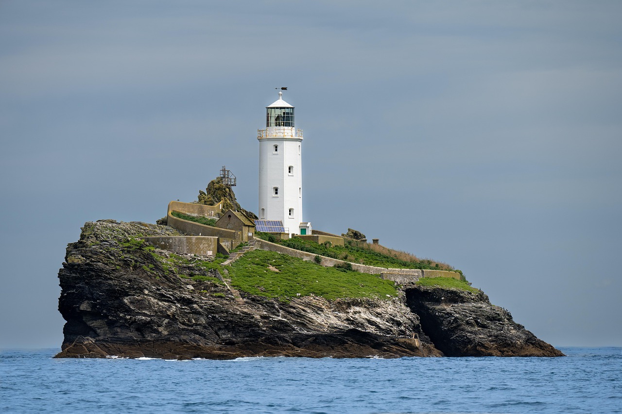 lighthouse, cornwall, ocean, nature, coast, sun, clouds, sky, island, st ives bay, england, godrevy lighthouse