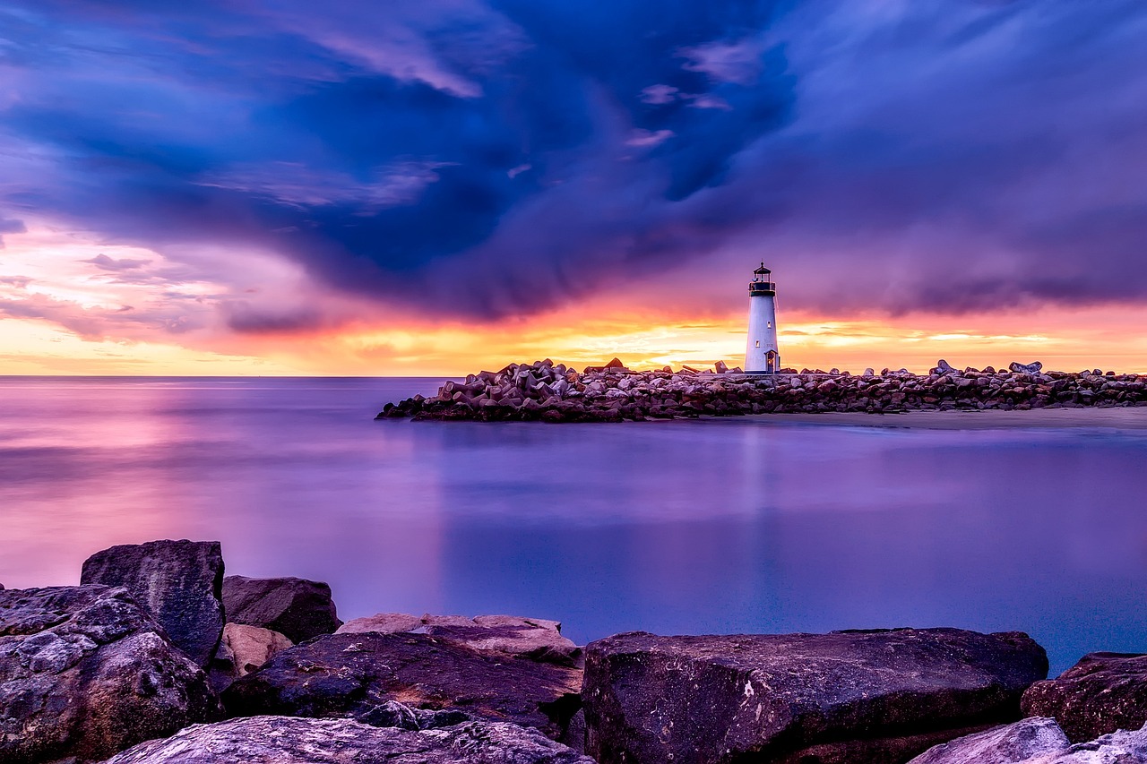 santa cruz, lighthouse, california, light, sea, ocean, bay, water, sky, clouds, sunset, dusk, beautiful, rocks, rocky, nature, outdoors, nature wallpaper, lighthouse, lighthouse, lighthouse, lighthouse, lighthouse, california