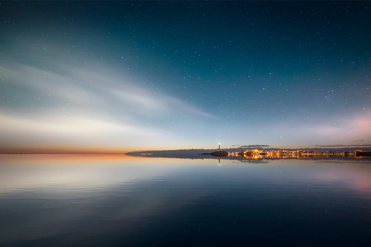 landscape, night, sea, darling, clouds, nature, lighthouse, star, reflection