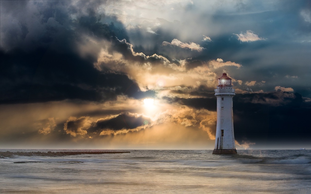lighthouse, sea, sunset, tower, sun, sunlight, sun rays, dusk, horizon, ocean, nature, glow, clouds, atmospheric, evening, scenic, dark, night photograph