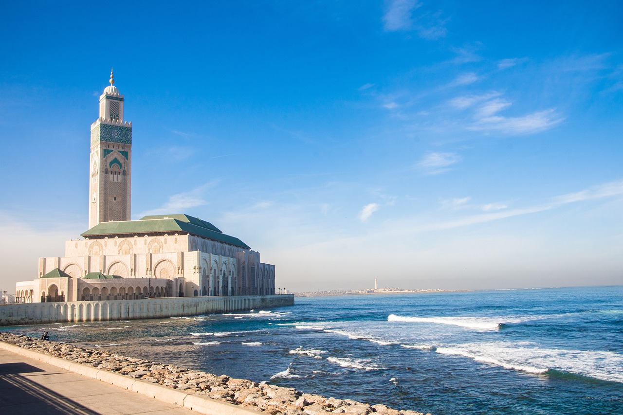 casablanca, mosque, sea, morocco, nature, travel, architecture, islam, building, religion, landmark, muslim, hassan, arabic, africa, islamic, famous, moroccan, blue sky, culture, minaret, tower, exterior, design, worship, blue, sky, religious, city, blue city, blue travel, blue building, blue design, blue mosque, blue culture