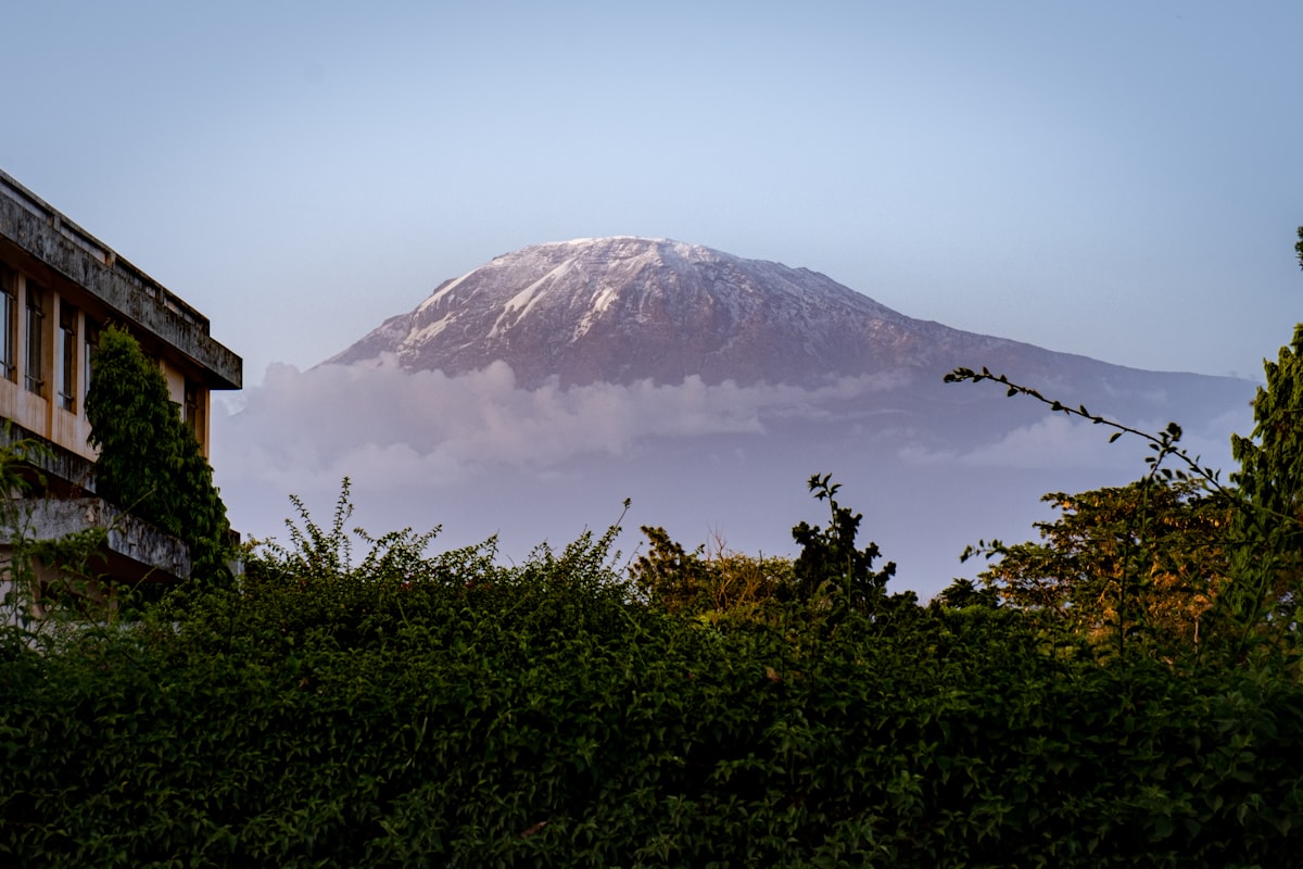 a view of a snow covered mountain from a building
