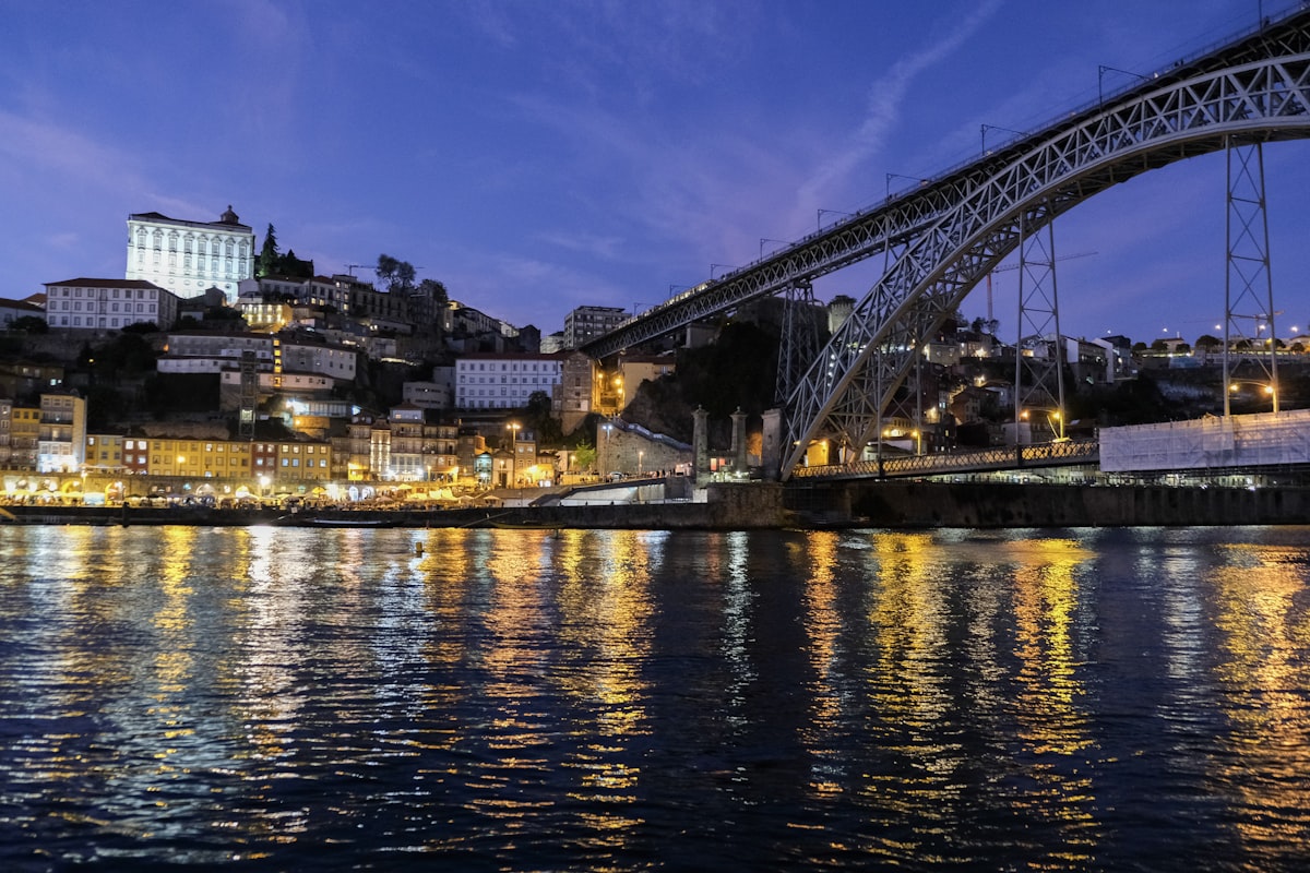 City skyline with a large bridge at dusk