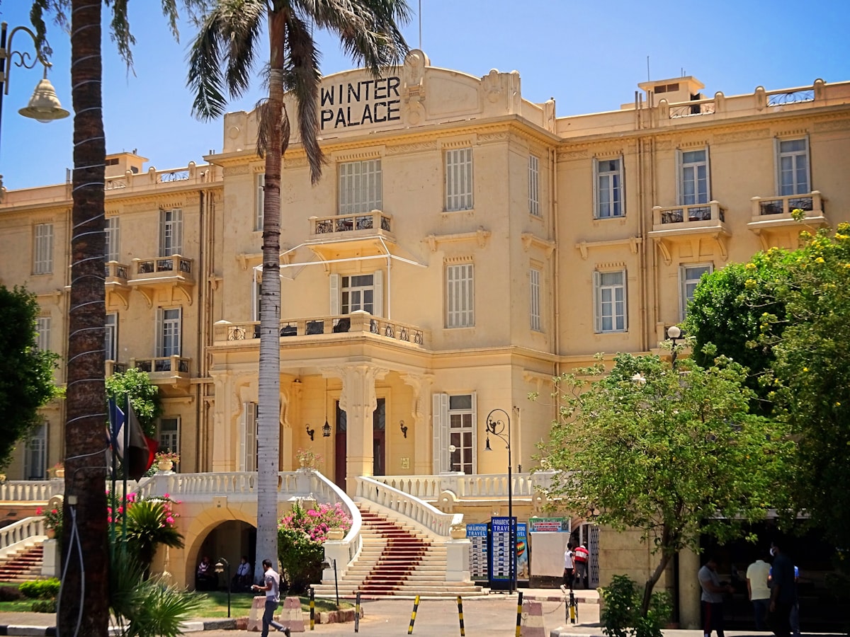 A large building with a palm tree in front of it