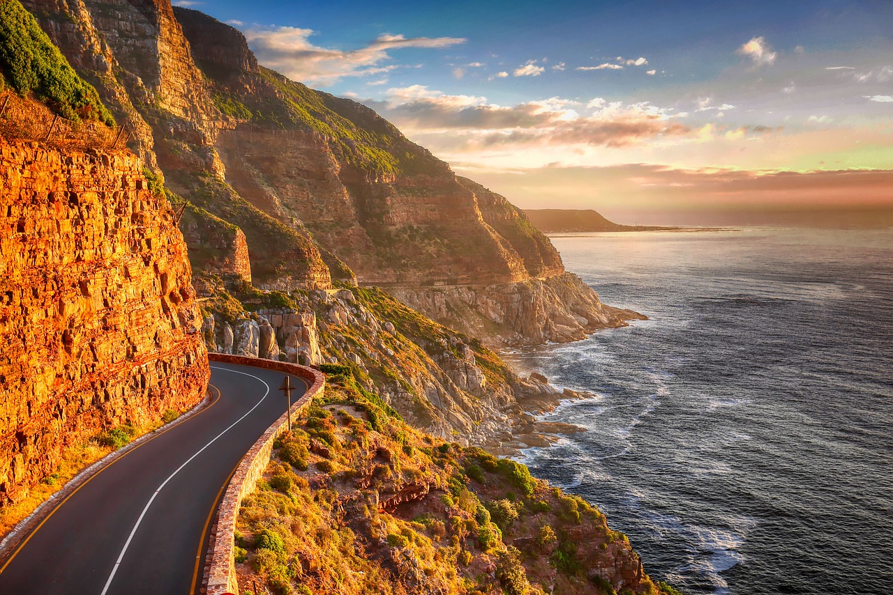 road, coast, cliff, sunset, mountains, south atlantic, landscape, sea, ocean, vacations, water, summer, tourism, nature, sky, south cape, rock, clouds, twilight, evening, south africa