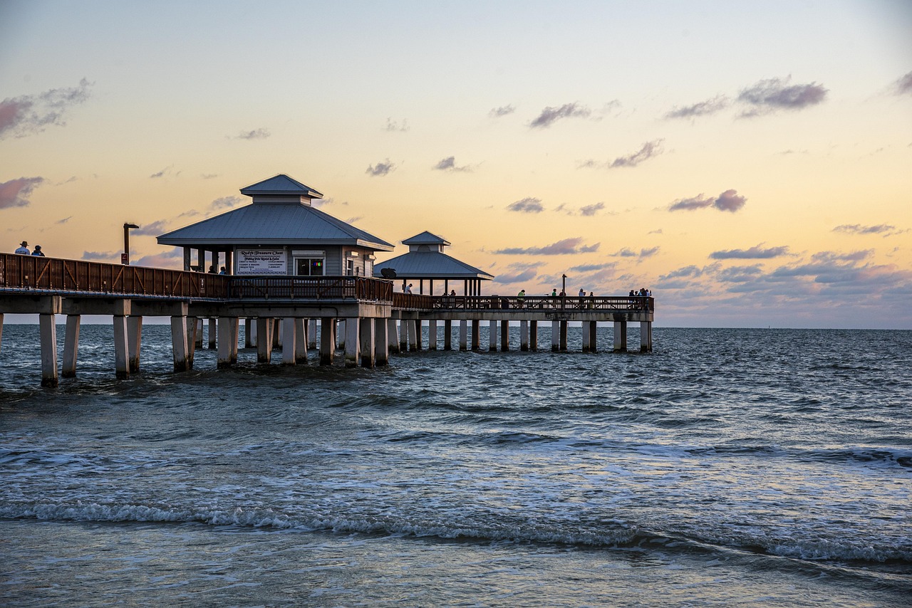 beach, pier, sunset, sea, ocean, water, calm, waves, nature, horizon, scenery, scenic, dusk, boardwalk, fishing pier, gulf of mexico, fort myers beach, florida