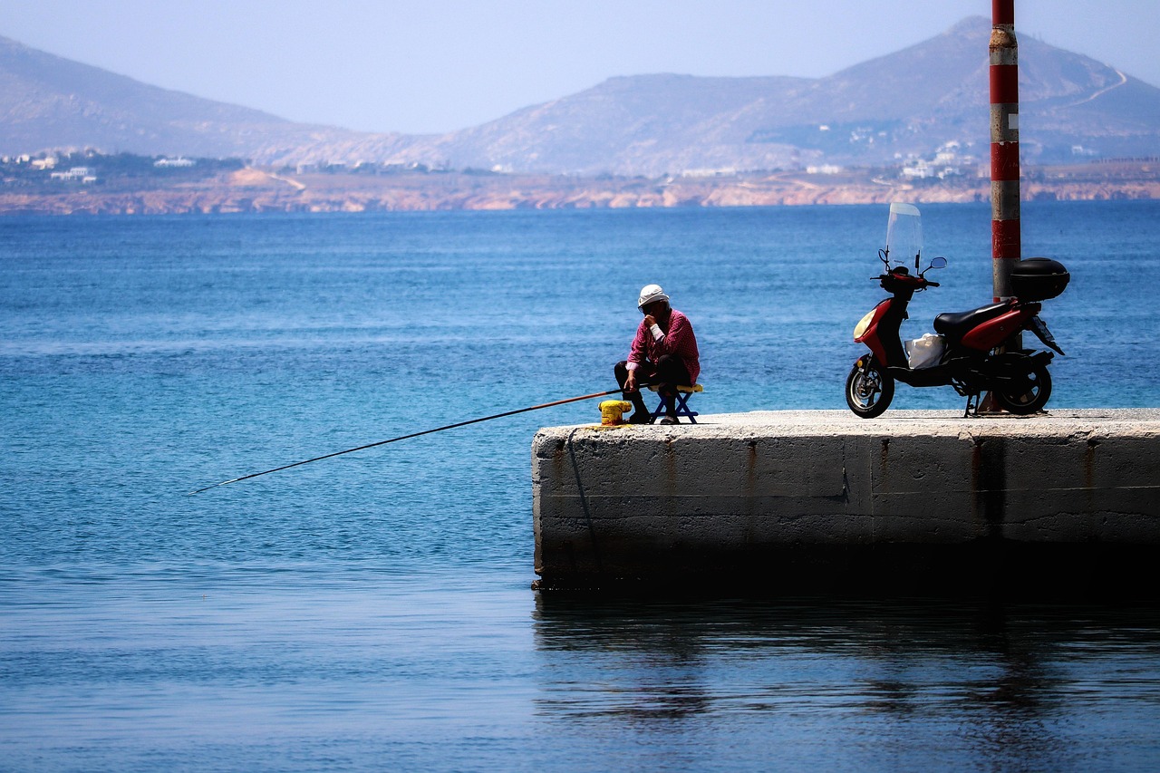 angler, fishing, nature, sea, leisure, outdoors, quay wall, naxos, greece